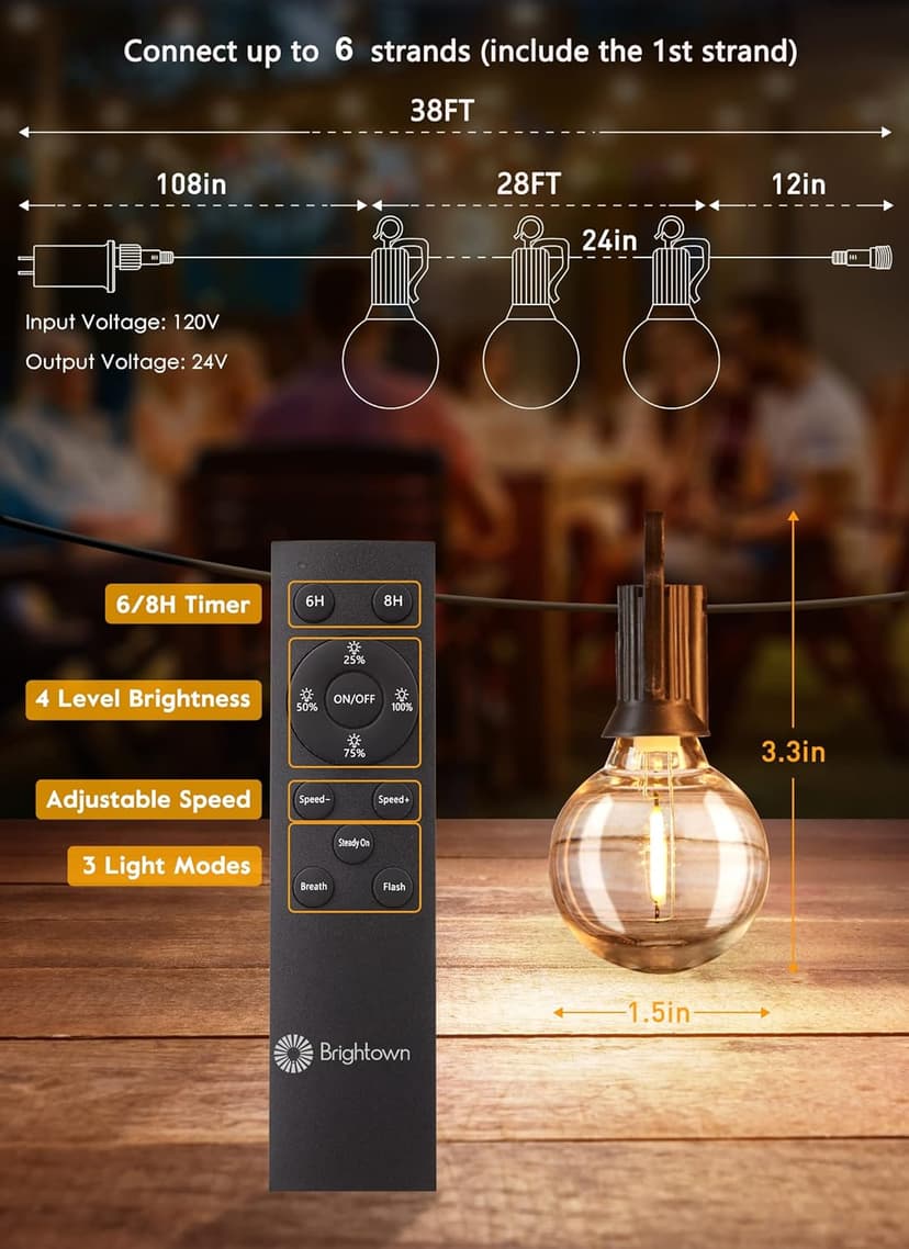 Brightown 38Ft Outdoor String Lights with Remote & 15 Shatterproof LED Bulbs - Waterproof Patio Hanging Lights for Porch Balcony Bistro Cafe