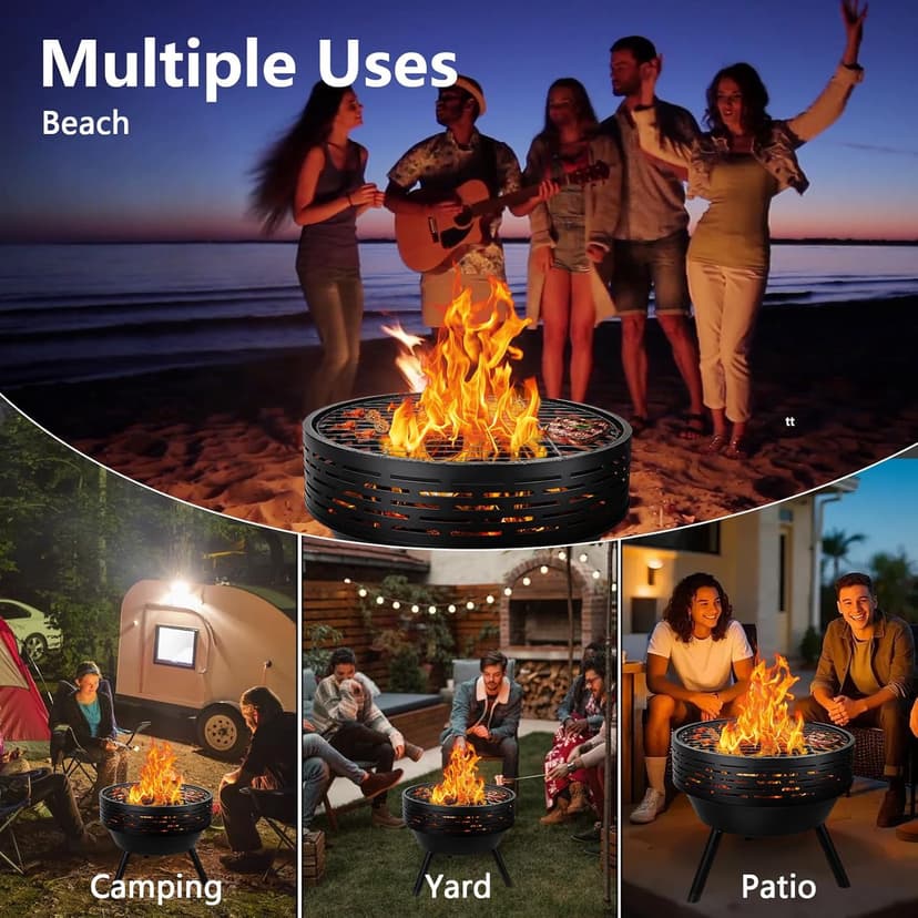 3-in-1 Fire Pit with Grill & Lid, 23" Outdoor Fire Pit Table, Cast Iron Wood Burning Firepit, Heavy Duty Fire Bowl for Outside Patio, Backyard Fireplaces, Large BBQ Pit Table with Fire Poker