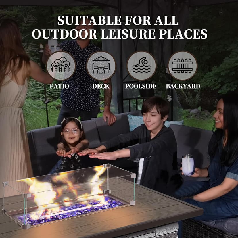 43" Propane Fire Pit Table Outdoor Rectangular Stone Firepit Table 50000 Btu Propane Fire Tables for Outside Patio with Glass Wind Guard, Lid, Fire Glass Beads, Pizzello Caldo (Gray Stone)