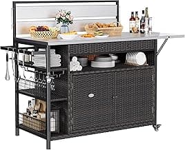 YITAHOME XL Outdoor Kitchen Wicker Island Rolling Cart & Storage Cabinet, Wheels and Stainless Steel Extended Table Top, Side Handle for Patio Kitchen or Bar Cart, Dark Brown