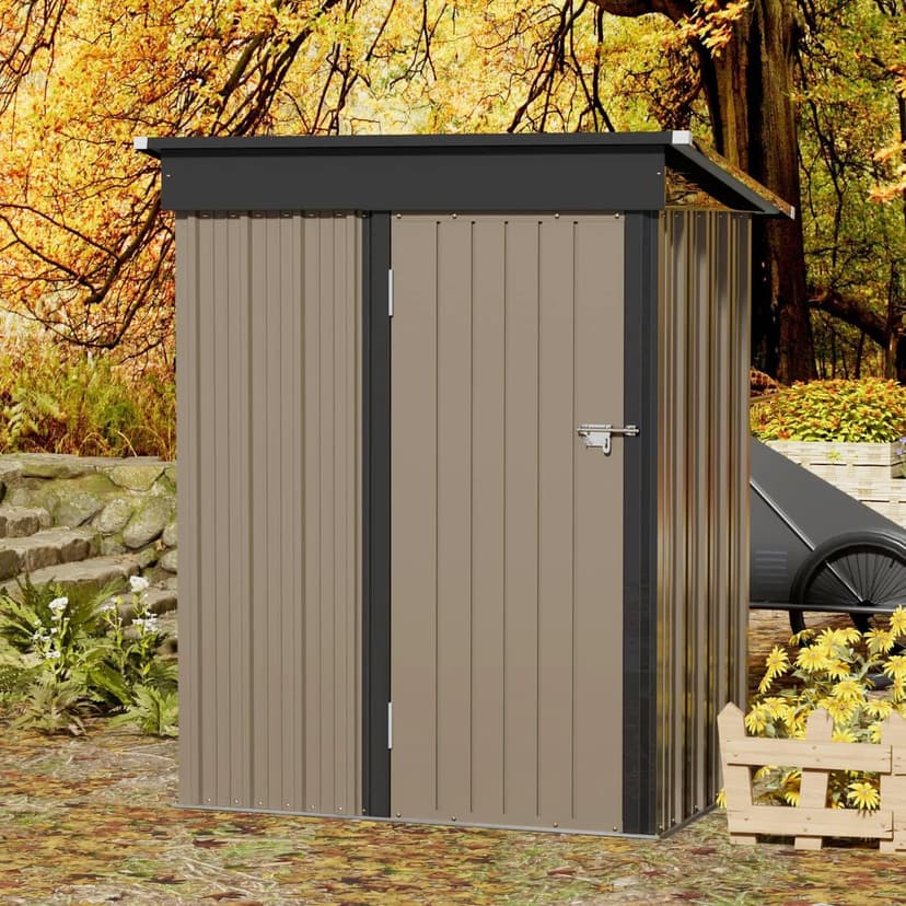 JUMMICO Metal Outdoor Storage Shed 5 x 3 FT Metal Shed with Lockable Door,Waterproof Garden Tool Shed Storage House for Backyard Patio Lawn, Brown