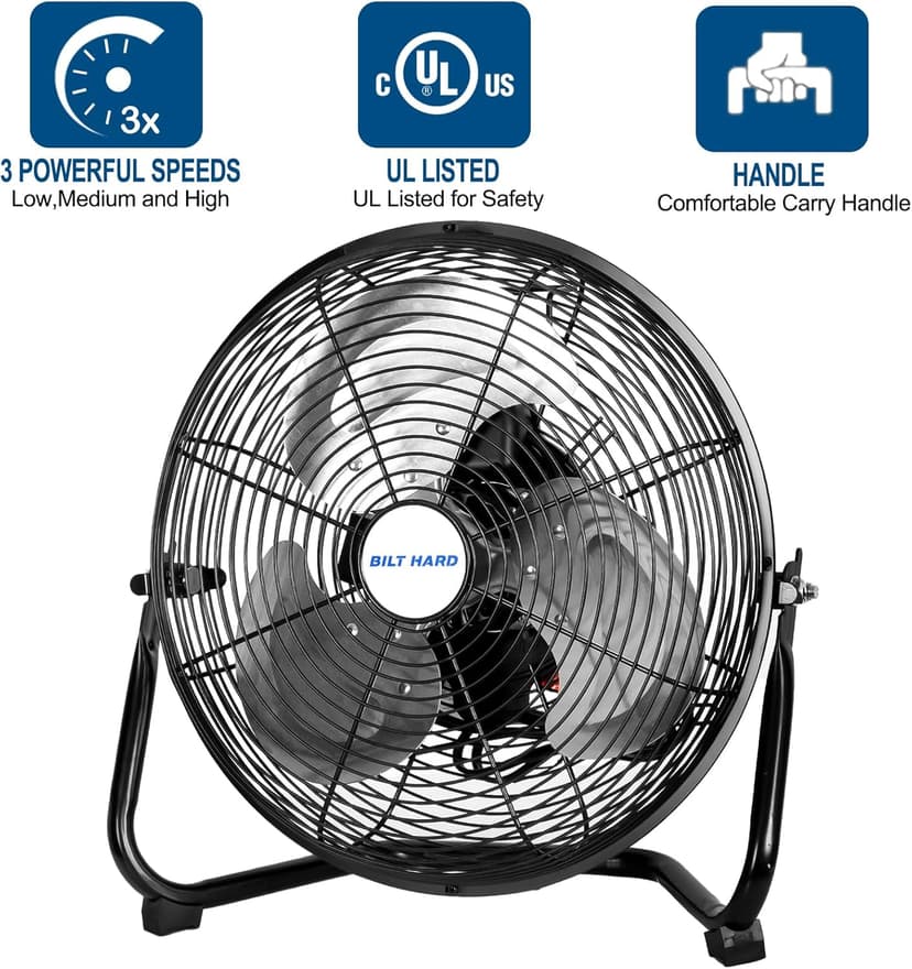 BILT HARD 12" 3-Speed High Velocity Heavy Duty Metal Floor Fan, 1680 CFM, 180-Degree Tilt, Powerful Airflow Fan for Home, Bedroom, Residential Use