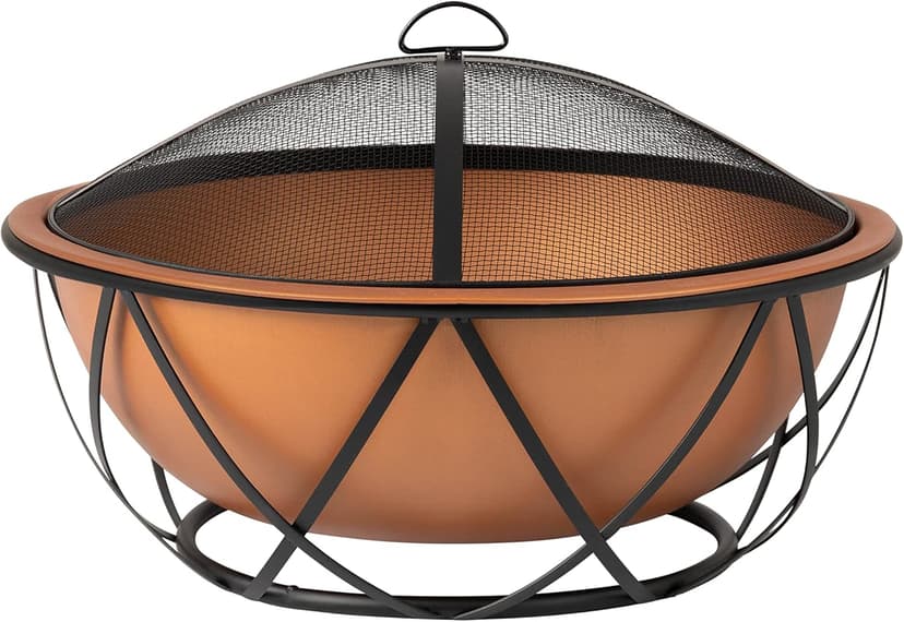 Fire Sense 62241 Fire Pit Barzelonia Copper-Look Wood Burning Lightweight Portable Outdoor Firepit Backyard Fireplace Camping Bonfire Included Screen Lift Tool & Cooking Grate - Round - 26"