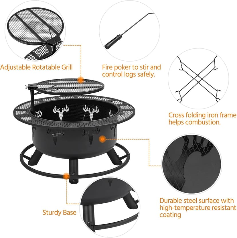Yaheetech 32in Fire Pit Outdoor Wood Burning Firepits Outdoor Fireplace with 18.5 Inch Swivel Cooking Grill Grate & Poker Fire Bowl for Camping, Backyard, BBQ, Garden, Bonfire