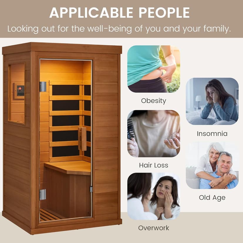 1 Person Infrared Sauna, Full Spectrum Mini Sauna for Home, Indoor Dry Sauna with 4 Heater Panels, Bluetooth Speaker, Tempered Glass Door, Compact and Easy to Use, 110V