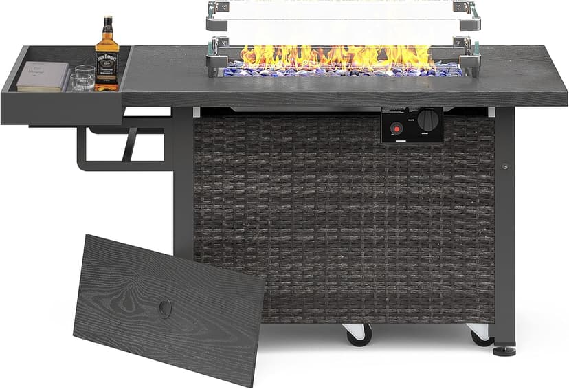 Sundale Outdoor 52 Inch Outdoor Fire Pit Table, 50000 BTU Propane Fire Pits with Storage Shelf, Glass Wind Guard and Lid, Wicker Patio Gas Fire Pit for Outside Patio and Garden, CSA-Listed(Grey)