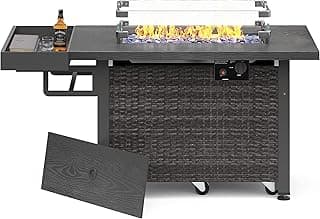 Sundale Outdoor 52 Inch Outdoor Fire Pit Table, 50000 BTU Propane Fire Pits with Storage Shelf, Glass Wind Guard and Lid, Wicker Patio Gas Fire Pit for Outside Patio and Garden, CSA-Listed(Grey)