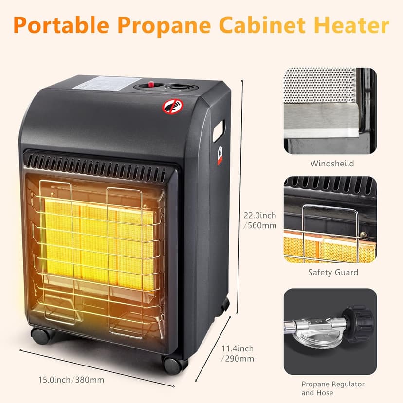 Propane Patio Heater, Portable Outdoor 18000BTU Gas Radiant Heater, LP Propane Heaters for Indoor, Shop, Garage, Outside, Camping