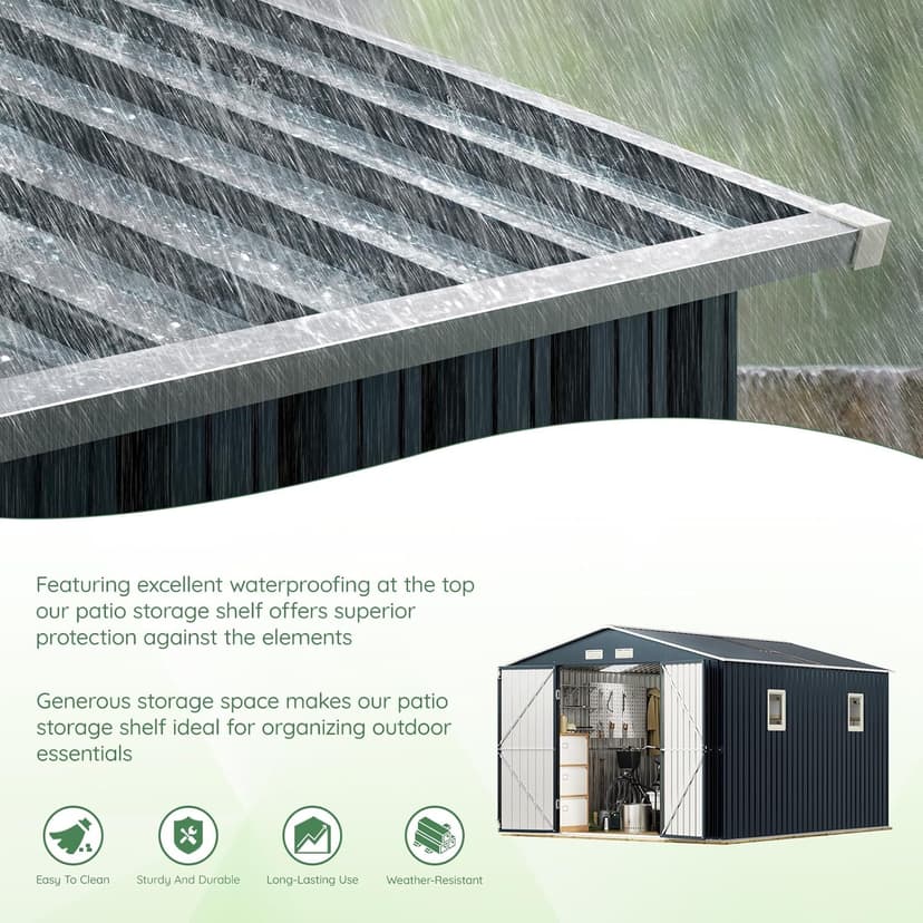 10X12X7.5 FT Outdoor Steel Storage Shed with Lockable Doors, 2 Windows, Transparent Roof Panels (Wood Panels & Frame Floor Not Included), Ideal for Patio Storage,Garbage Can, Chicken Coop