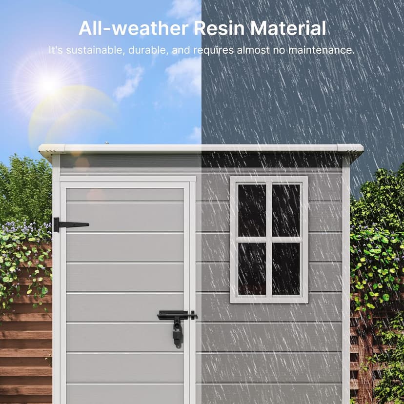 Gizoon 5X3 FT Resin Outdoor Storage Shed, Plastic Garden Sheds with Floor to Store Patio Furniture, Gardening Tools, Outside Patio Storage House with Lockable Door for Backyard, Lawn, Grey