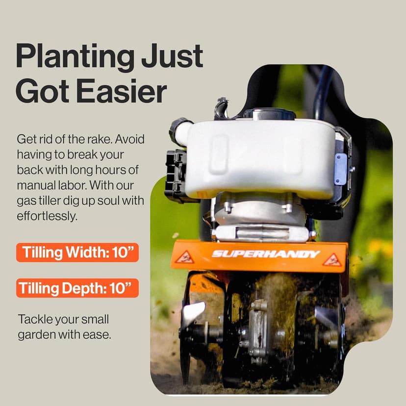 SuperHandy 52cc 2 Stroke Gas Mini Tiller Cultivator - 1.8HP, 4 Adjustable Steel Tines, Forward Rotation, 10" Tilling Width - Ideal for Garden, Lawn, Soil Cultivation, Weed & Digging