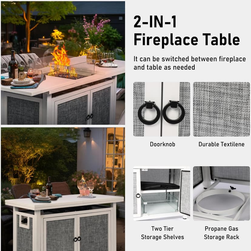 42inch Propane Fire Pit Table, Rectangular Gas Firepit Table with Removable Desktop,2 Tier Storage Shelves, Tempered Glass and Rain Cover for Garden, Patio & Backyard (White)