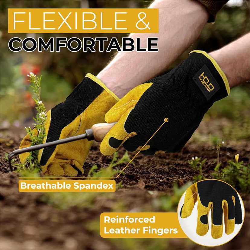HANDLANDY Men Leather Gardening Gloves, Utility Work Gloves for Mechanics, Construction, Driver, Dexterity Breathable Design
