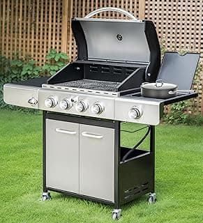 MFSTUDIO 4-Burner Propane Gas Grill, Stainless Steel BBQ Grill with Side Burner and Porcelain-Enameled Cast Iron Grates, High Heat Output Gas BBQ Grills for Barbeque and Outdoor Cooking