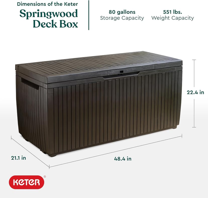 Keter Springwood 80 Gallon Resin Outdoor Storage Box for Patio Furniture Cushions and Garden Tools with Handles, Brown