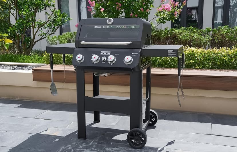 Monument Grills 4-Burner Liquid Propane Gas Grill, Matte Black Stainless Steel Burner Grill with Clearview® Lid and One Foldable Shelf for Outdoor Cooking Kitchen Patio Backyard Barbecue, Mesa420MF