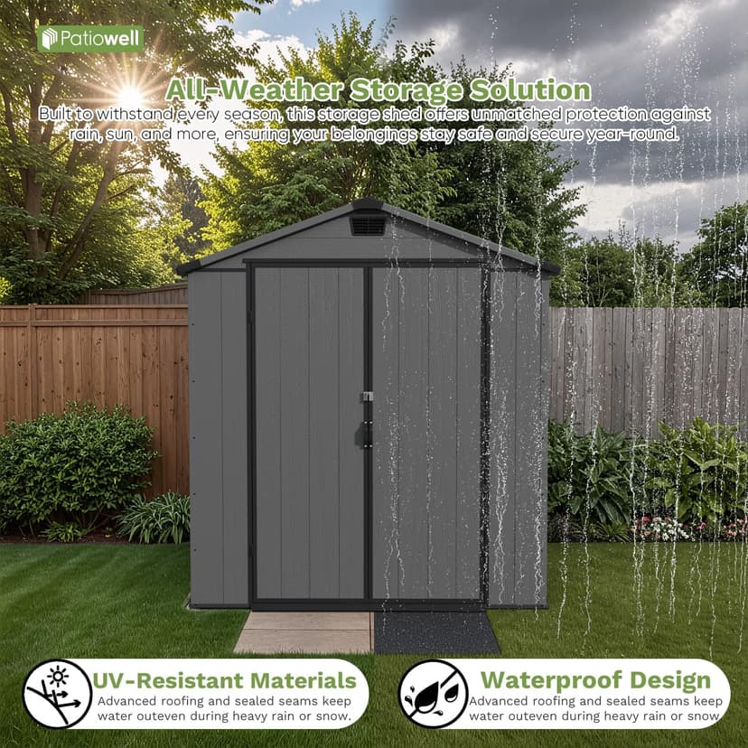 Patiowell 6 x 8 FT Plastic Outdoor Storage Shed with Floor, Resin Outside Tool Shed with Two Windows and Lockable Door for Garden, Backyard, Tool Storage Use, Easy to Install, Dark Grey
