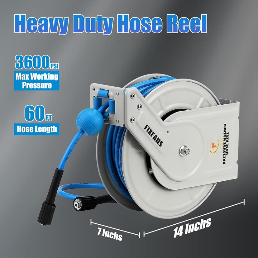 Pressure Washer Hose Reel with Hose, 1/4" × 60ft Retractable Power Washer Hose Reel, Heavy Duty Hose Reel Auto Rewind, Wall Mounted, 3600 PSI