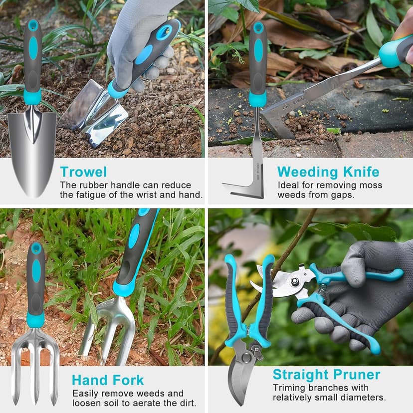 10 Piece Heavy Duty Stainless Steel Garden Tools Set with Ergonomic Rubber Handle. Variety of Gardening Hand Tools for Planting. Ideal Garden Gifts