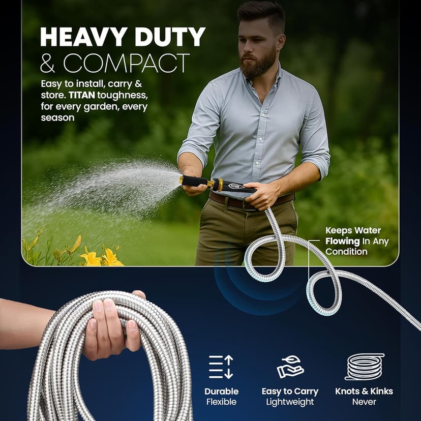 TITAN Garden Hose 25FT - 304 Stainless Steel Metal Water Hose, Flexible, Kink-Free, Lightweight, Durable, Crush Resistant Fittings, Easy to Coil, 500 PSI