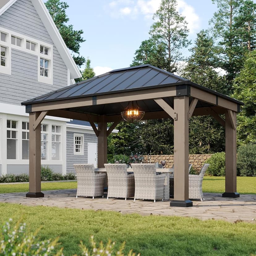Aoxun 10' x 12' Outdoor Wood Gazebo, Hardtop Gazebo Permanent Wooden Pavilion with Galvanized Steel Roof, for Patio, Garden, Deck, Cedar Wood