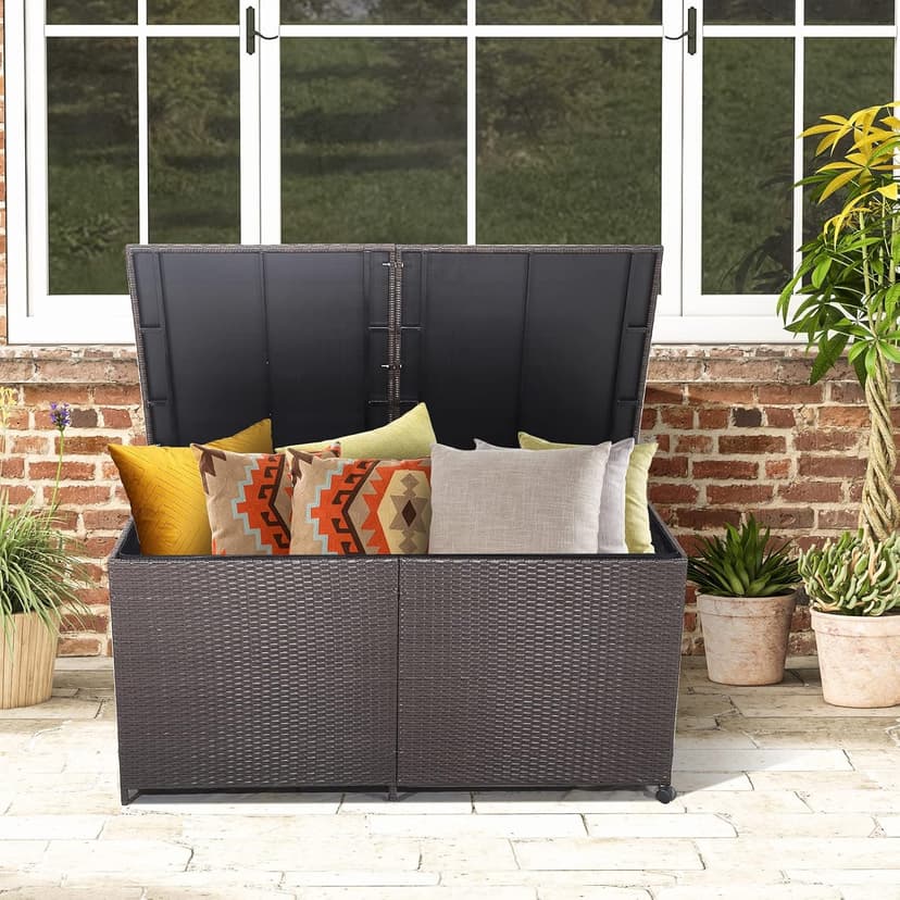 RELAX4LIFE 175-Gallon Outdoor Storage Box, Wicker Rattan Outside Storage Container Bin with Zippered Liner, 2 Universal Wheels, Gas Strut, Patio Deck Box for Backyard, Front Porch