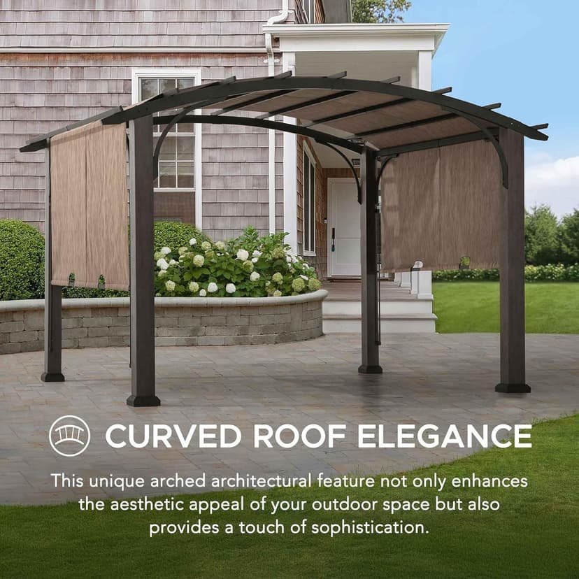 Sunjoy 10’ x 12’ Pergola, Outdoor Steel Arched Pergola with Adjustable Canopy and Natural Woodgrain Metal Posts for Patio, Backyard, and Garden, Tan…