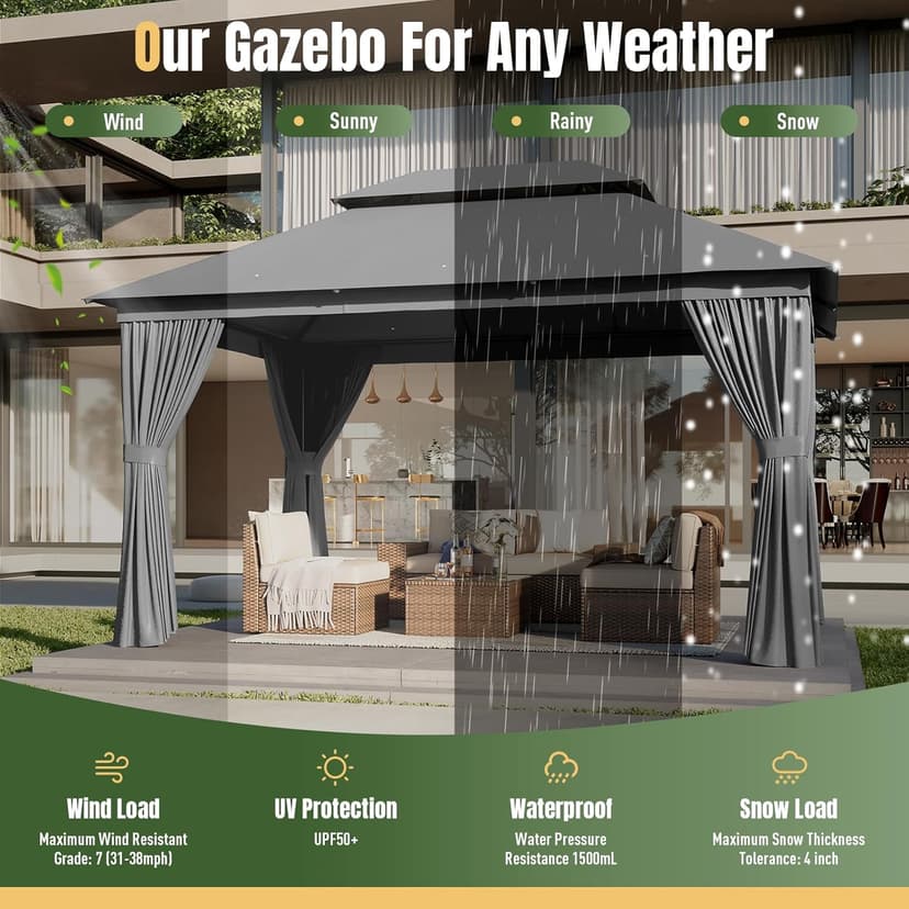 AOXUN Outdoor Gazebo for Patio 10x12, Metal Frame Canopy with Double Roofs, Heavy Duty Party Tent and Shelter with Mosquito Netting and Privacy Screen for Backyard, Lawn, Garden,Deck (Gray)