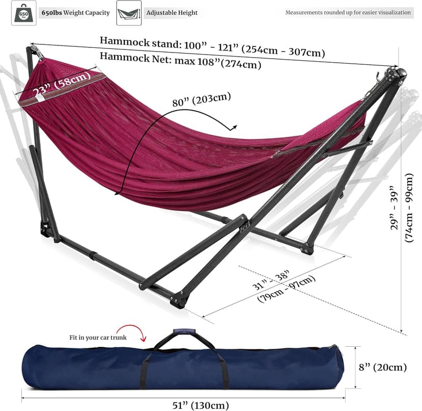 Tranquillo Double Hammock with Stand Included for 2 Persons/Foldable Hammock Stand 600 lbs Capacity Portable Case - Inhouse, Outdoor, Camping, Red