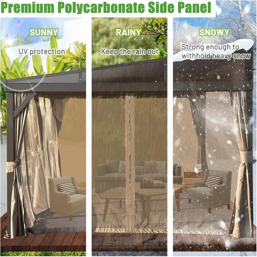 DOMI 12x16FT Lean to Gazebo, Outdoor Hardtop Wall Mounted Gazebo with Sloping Galvanized Steel Roof, Durable Aluminum Frame, Netting Curtain for Deck, Porch, Backyard