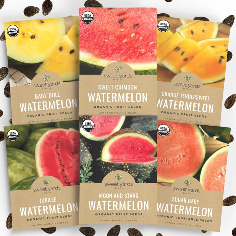 Organic Watermelon Seeds Variety Pack - 6 Individual Packs - 2025 Season - Sugar Baby, Orange Tendersweet, Jubilee and More! for Indoor & Outdoor Planting (Non-GMO, Certified Organic)