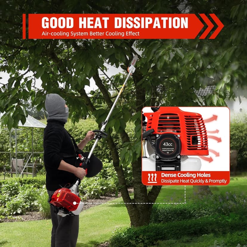 42.7CC Gas Powered Pole Saws 2-Stroke Gas Pole Saws For Tree Trimming with Single-Cylinder and Air-Cooled, Pole Chainsaw Suitable for Pruning Branches and Leaves in Orchards and Urban Greenery