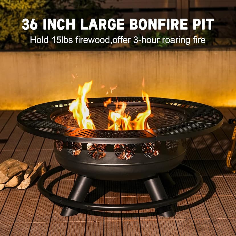 36 Inch Fire Pit with 2 Cooking Grills,Outdoor Wood Burning BBQ Firepit with Lid, 3-in-1 Outdoor Fire Pit for Backyard Deck Bonfire Patio Picnic