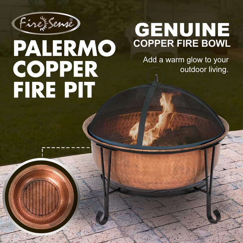 Fire Sense 62665 Fire Pit Palermo Copper with Steel Stand Wood Burning Lightweight Portable Outdoor Firepit Included Mesh Spark Screen Steel Grate Screen Lift Tool & Vinyl Weather Cover - 26.5"