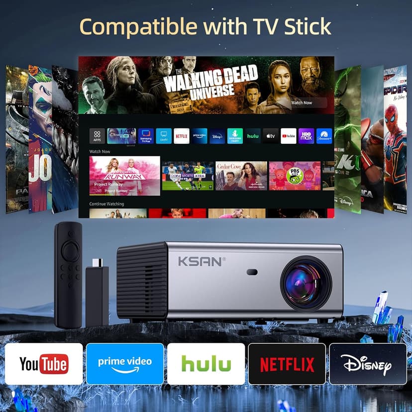 KSAN Projector, [800 ANSI Lumen] Outdoor Movie Projector, Projector with WiFi 6 and Bluetooth 5.2, Home Theater Video Proyector Support 200inch, 5W Speaker, Compatible with iPhone/TV Stick/PC/PS4