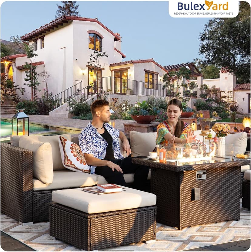 BULEXYARD 9 Piece Highback Patio Furniture Set with Fire Pit Table, Modern Modular Outdoor Sectional Couch Sofa with Ottoman, 8-Seater Backyard Seating for Exterior, Deck, Brown Wicker & Beige Cushion