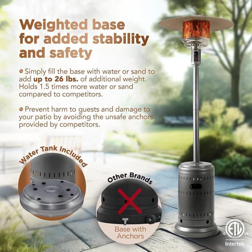 Amazon Basics 46,000 BTU Outdoor Propane Patio Heater with Wheels, Commercial & Residential, Slate Gray, with water tank, 32.1 x 32.1 x 91.3 inches (LxWxH)