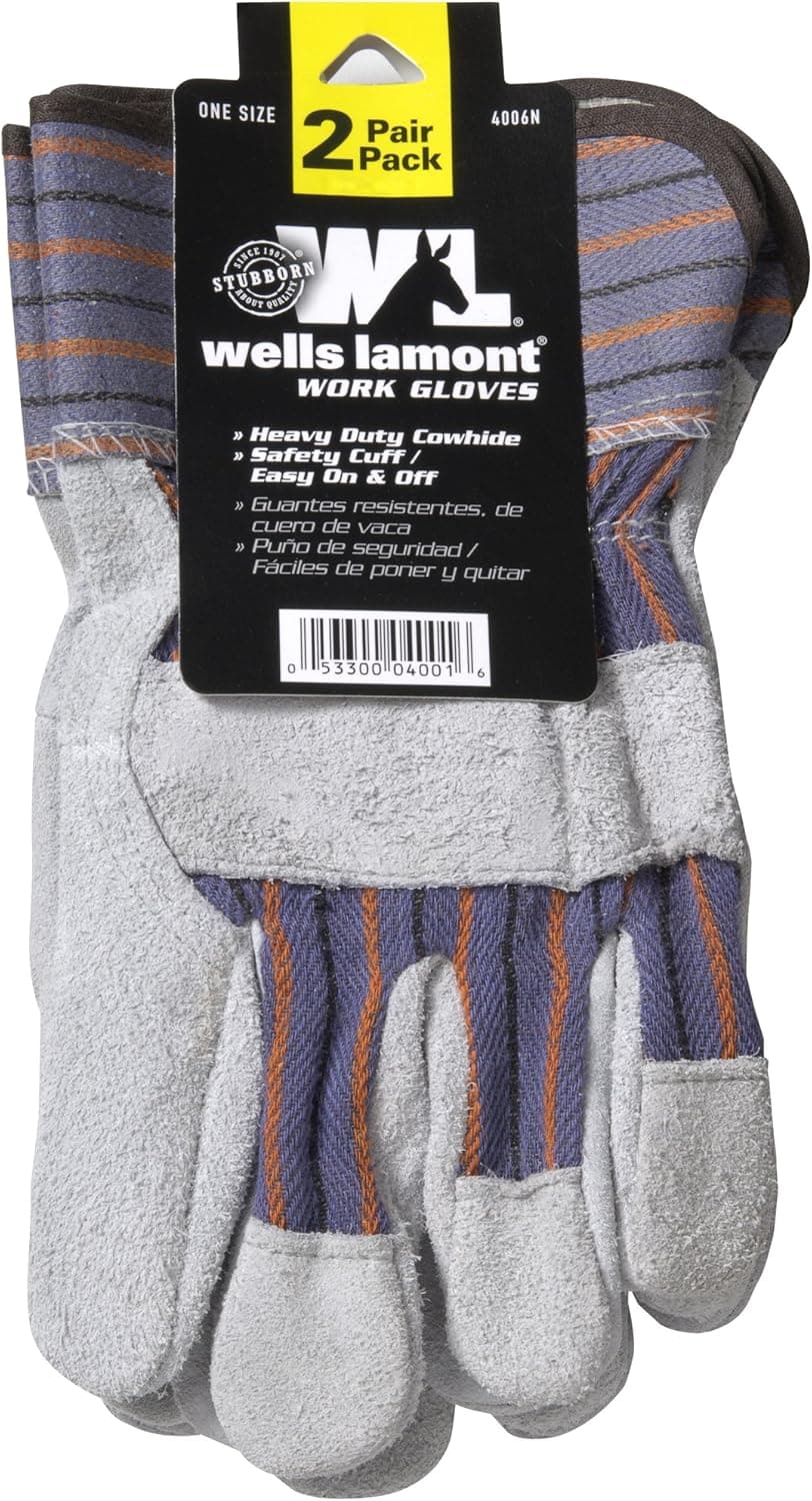 Wells Lamont 2 Pair Pack Men's Leather Work Gloves with Heavy Duty Reinforced Palms, Large (4006N-WNW) , Grey