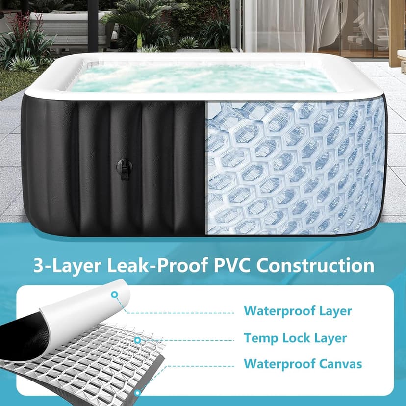 4-6 Person Inflatable Hot Tub, Large Square Portable Blow up Hot Tub, Leak-Proof PVC Outdoor Spa with 130 Air Jets, Insulated Cover and Heater Pump, 73” X 73”X 25”