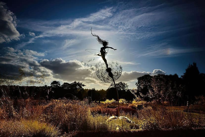 Flower Fairy Dancing with Dandelion Garden Art Sculpture Stainless Steel Statue Christmas Halloween Decoration for Outdoor Yard Courtyard Lawn Patio Metal Ornaments (Open Hands)