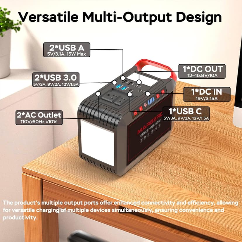 Portable Power Station 300W MARBERO 237Wh Camping Solar Generator Backup Lithium Battery with Pure Sine Wave 110V AC Outlet, USB C, USB A, DC for Outdoors Camping CPAP Home Blackout Emergency
