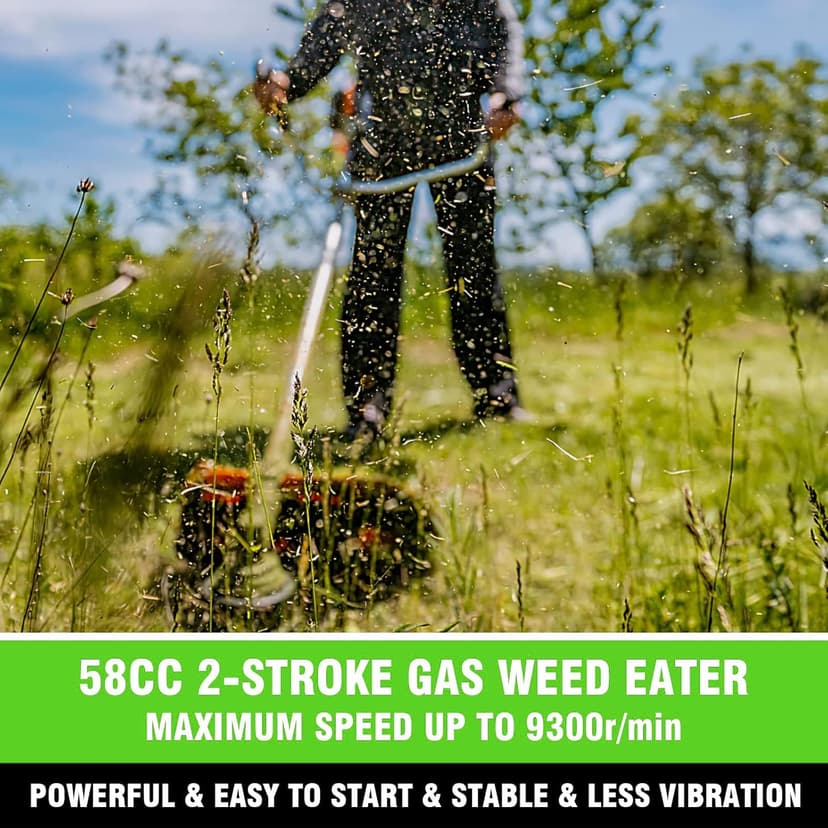 58CC Brush Cutter Gas Powered 2-Cycle 4 in 1 Gas Weed Eater 18.5" Cutting Path Gas Weed Wacker with 4 Detachable Heads Straight Shaft String Trimmer Grass Cutter Machine for Weeds and Grass, Green
