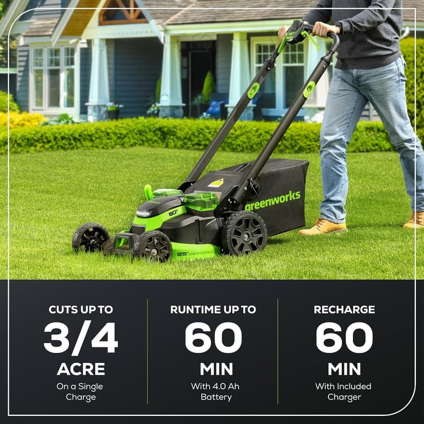 Greenworks 80V 25" Brushless Cordless (Self-Propelled) Dual Blade Lawn Mower (LED Headlight + Aluminum Handles), 4.0Ah Battery and Rapid Charger Included