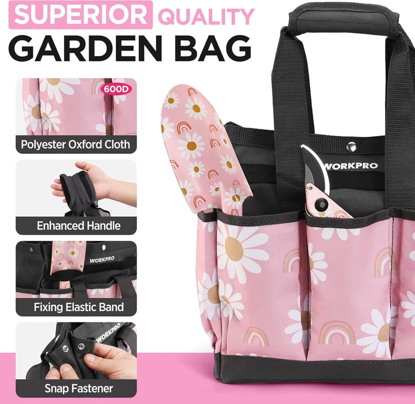 WORKPRO 5PCS Gardening Tools, Aluminum Heavy Duty Garden Tool Set with Bag, Ideal Gardening Gifts for Women, Pink