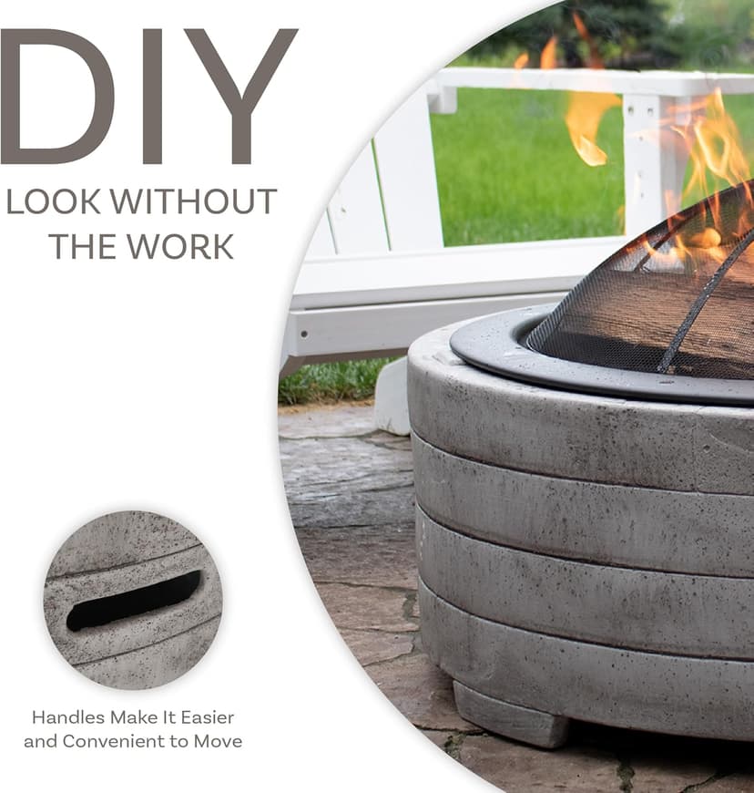 Sunnydaze 36-Inch Faux Stone Fire Pit Bowl with Handles - Wood Burning Fireplace with Spark Screen and Poker
