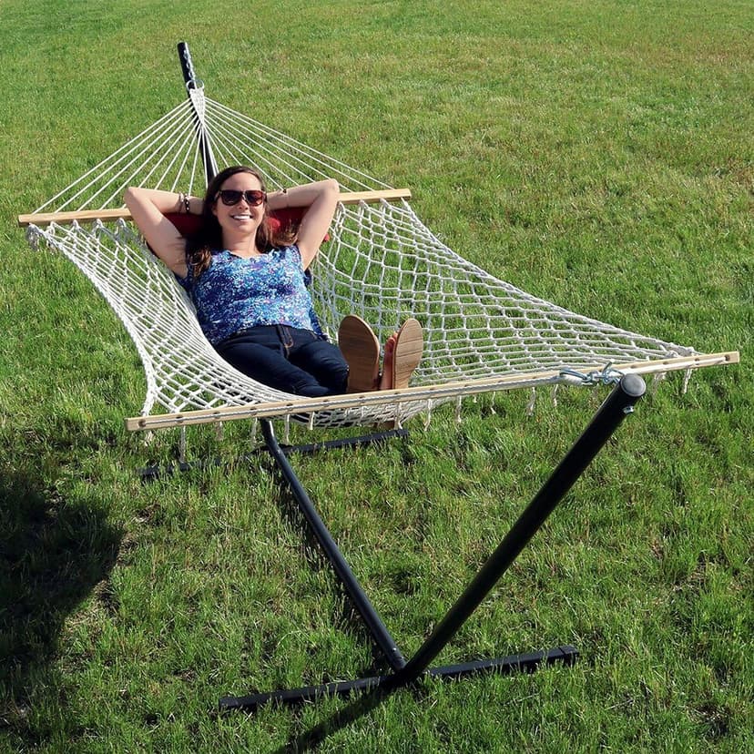 Sunnydaze Rope Hammock with Stand Combo - 275-Pound Capacity - Includes 12-Foot Hammock Stand, Spreader Bar, Pad, and Pillow - Modern Lines