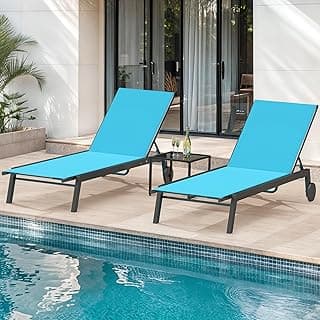 DWVO Outdoor Chaise Lounge Set, 2 Patio Chaise Lounge Chairs with Side Table, Textile Pool Loungers with 5-Level Backrest and Wheels for Beach, Lawn, Porch, Garden (Blue)