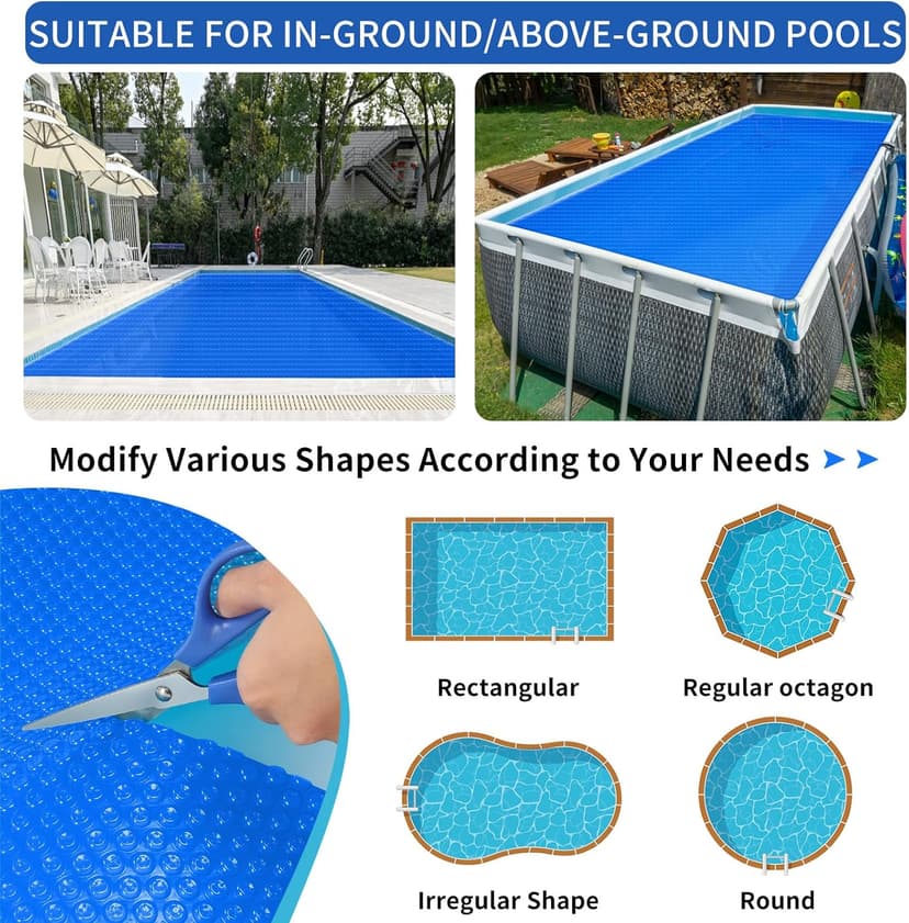 Evoio Solar Pool Covers, 12 x 24 Foot Solar Pool Blankets for Inground Above Ground Rectangular Swimming Pools, Heavy-Duty Floating Bubble Pool Hot Tub Spa Solar Covers Thermal Blanket (12 x 24 Ft)