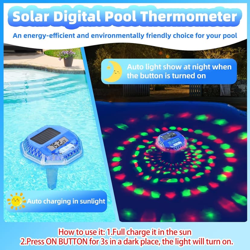 Solar Digital Pool Thermometer Floating Easy Read, Solar Pool Temperature Thermometer with Dynamic Light Show, Large LCD Screen & IP68 Waterproof Pools Water Temperature Guage for Hot Tub,Spa