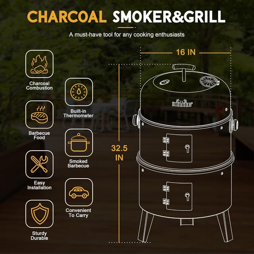 BIG HORN OUTDOORS 16 inch Charcoal Smoker, Vertical BBQ Grill, Heavy Duty 4 In 1 Fire Pit with Built-in Thermometer & Adjustable Vent System for Backyard Patio Camping